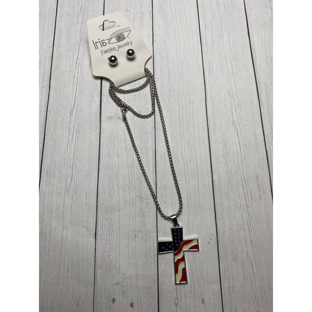 Iris Fashion Jewelry Patriotic Cross Necklace Earring Set 2 Pieces